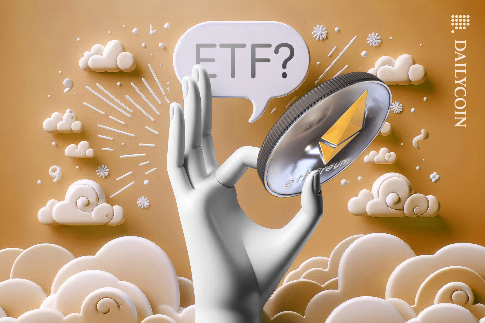 Hand holding Ethereum coin and asking when is ETF?