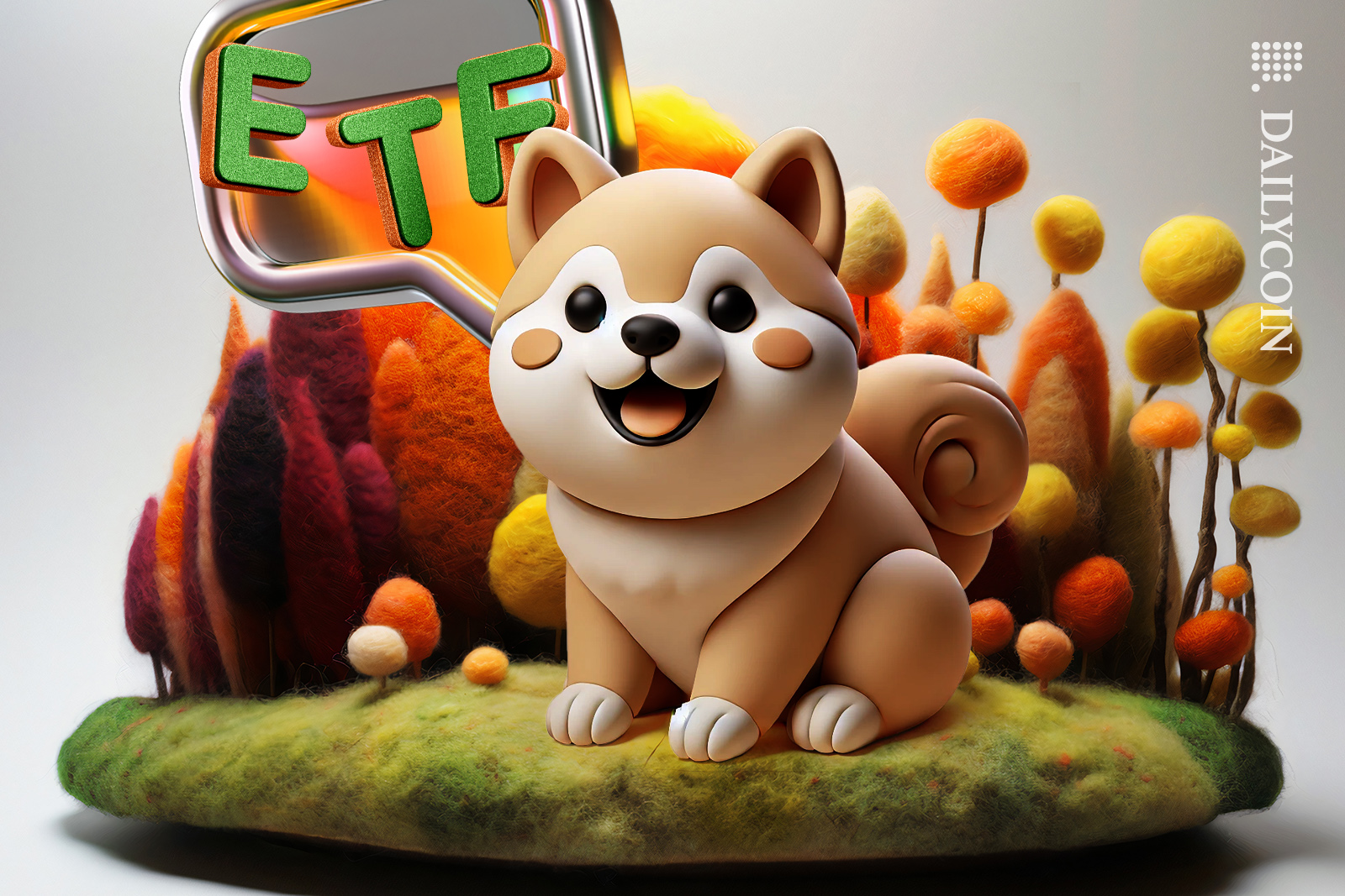 Shiba inu on a floating land speaking about ETF.