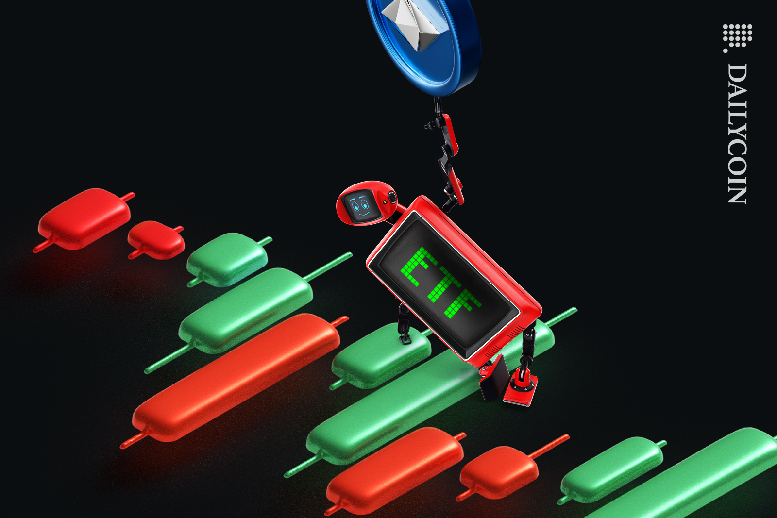 ETF robot balancing between the crypto candle chart and Ethereum coins.
