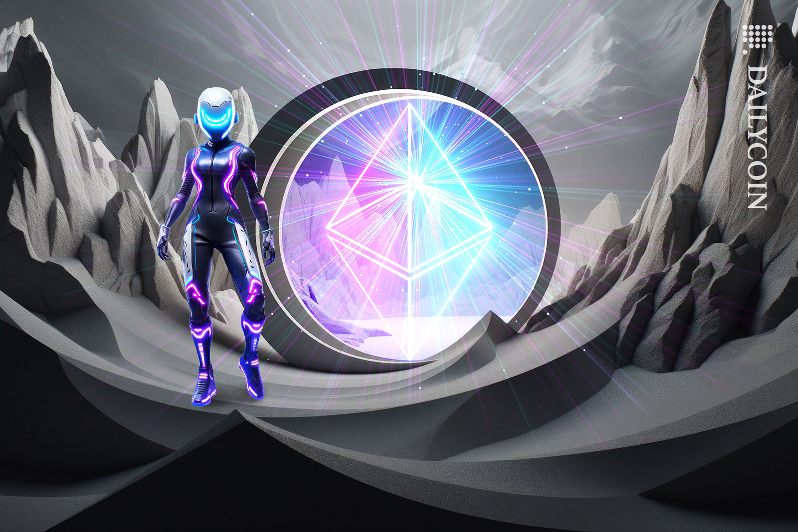 Futuristic woman on a gray land standing next to a Ethereum portal in full power on mode.