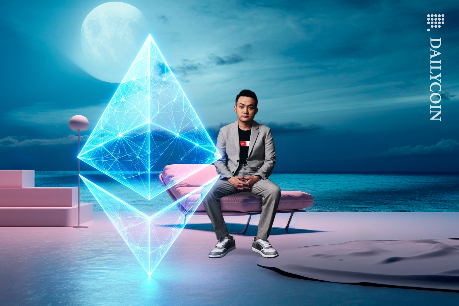 Justin Sun sitting in a villa with a huge glowing Ethereum.