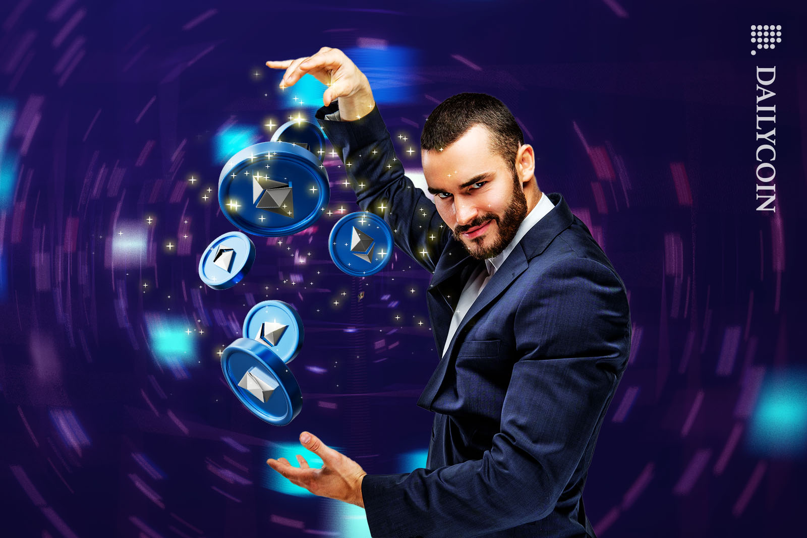Guy sprinkling fairy dust on Ethereum coins.