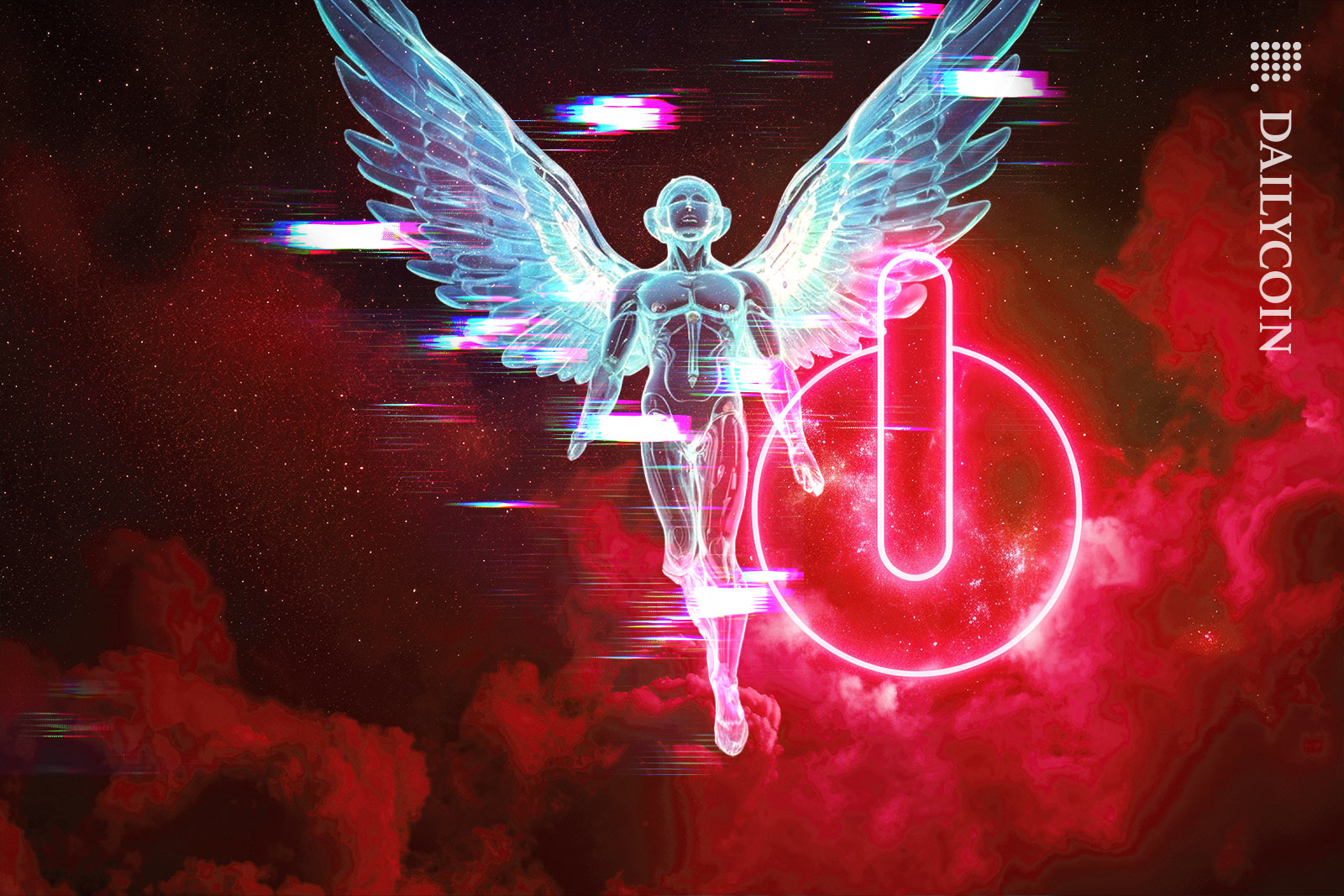 Glitching angel in the turning off clouds.
