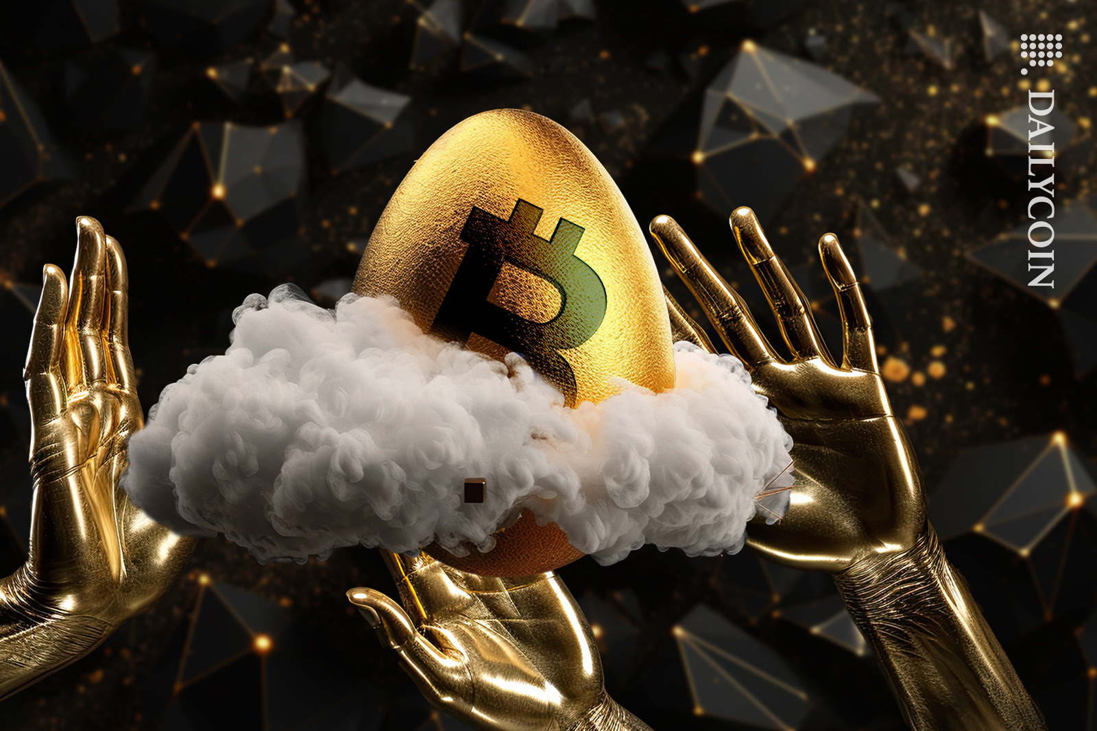 Gold hands worshiping the golden egg bitcoin floating on a cloud.
