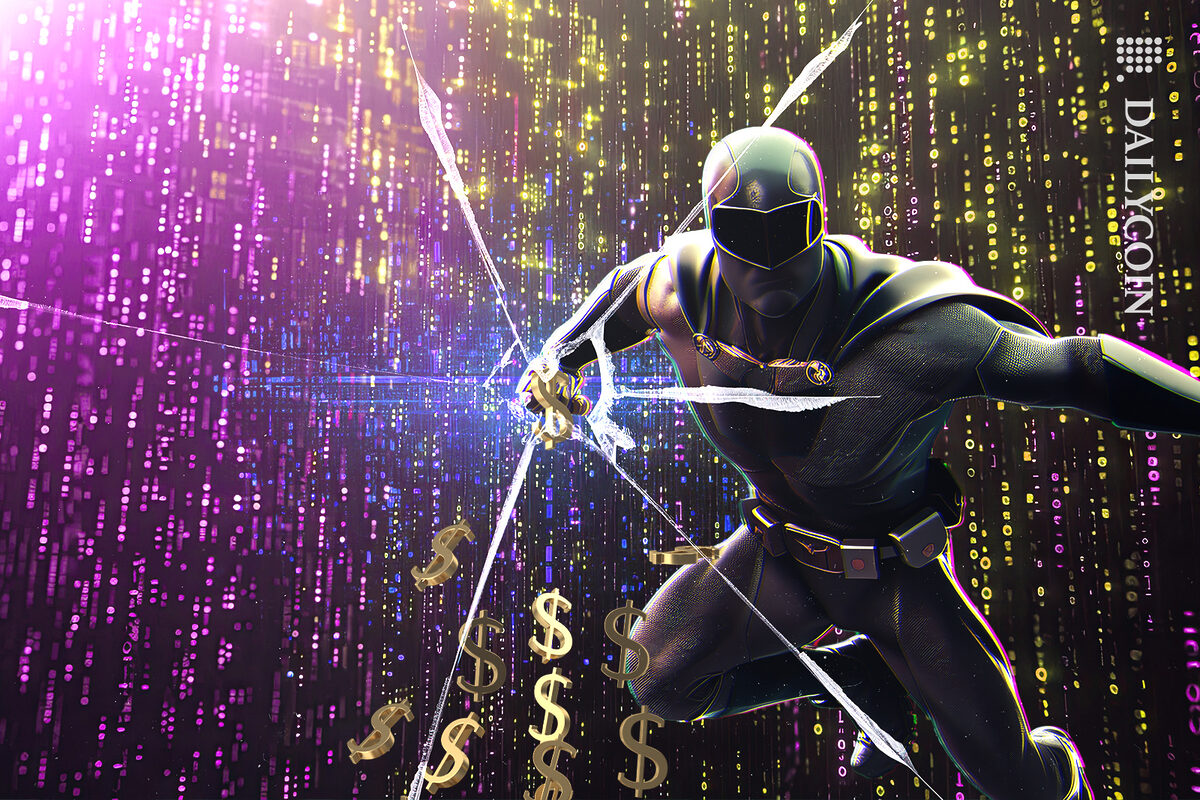 Masked hacker guy punching the screen, making dollars fall to the ground.