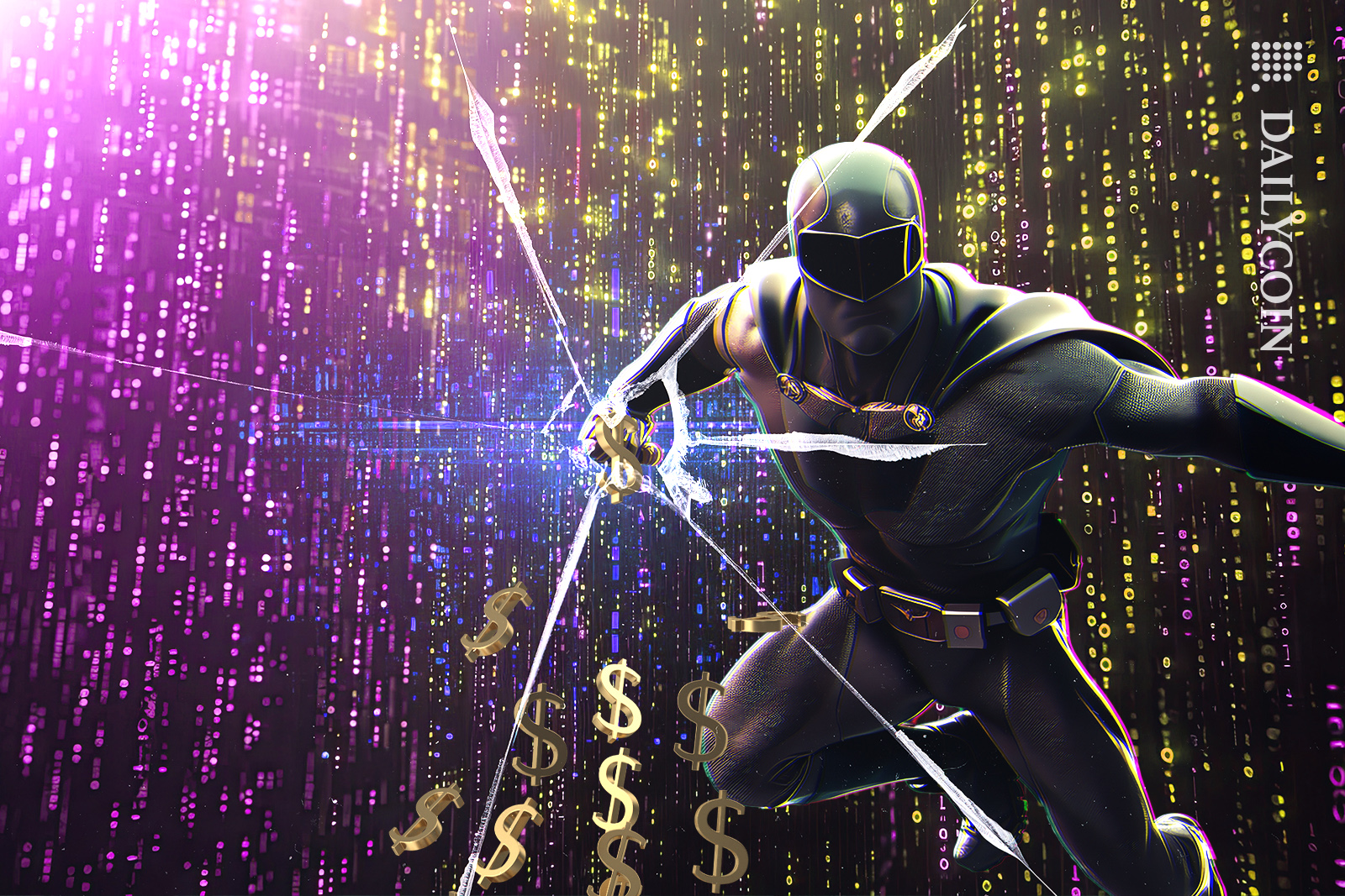 Masked hacker guy punching the screen, making dollars fall to the ground.