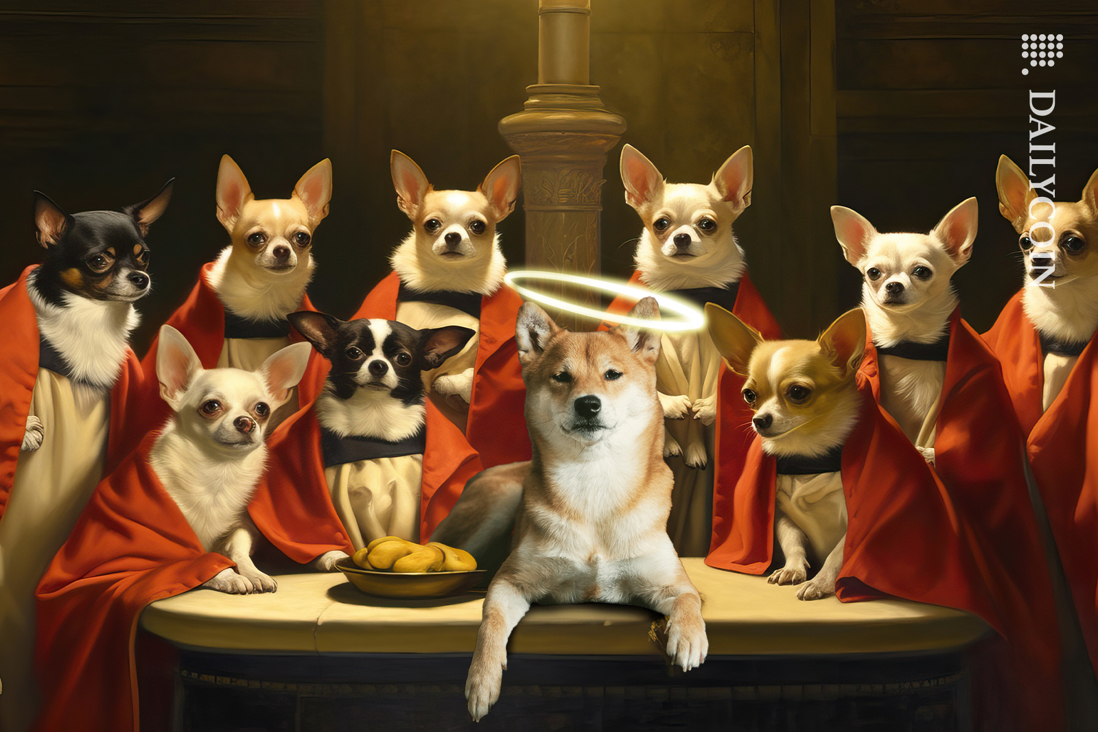 Shiba Inu sitting on a table with his friends and he has a halo on his head.