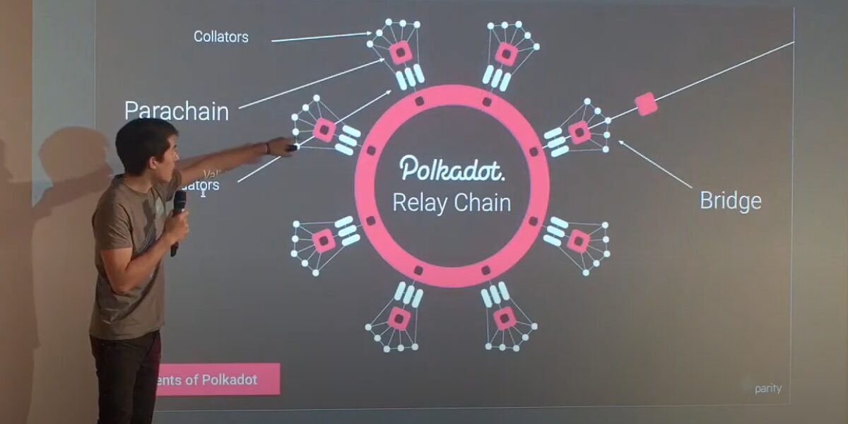 Peter Czaban, head of Web3 Foundation, pointing to a illustration of the Polkadot Relay Chain at a conference.