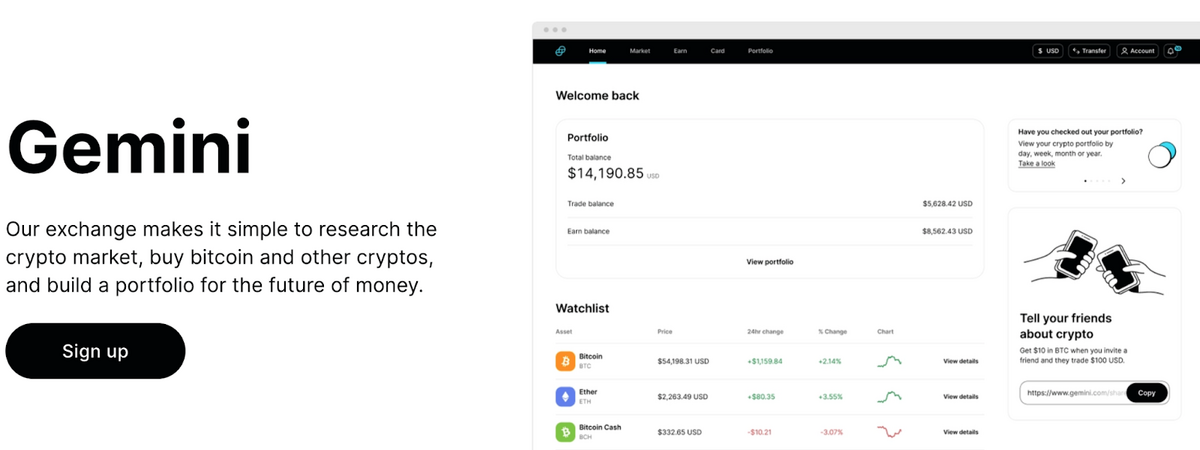 The Gemini website dashboard. Under the title is an explanation that the Gemini exchange makes it easy to research crypto, buy crypto, and build a portfolio. There is an example of the clean and simple user interface on the right.