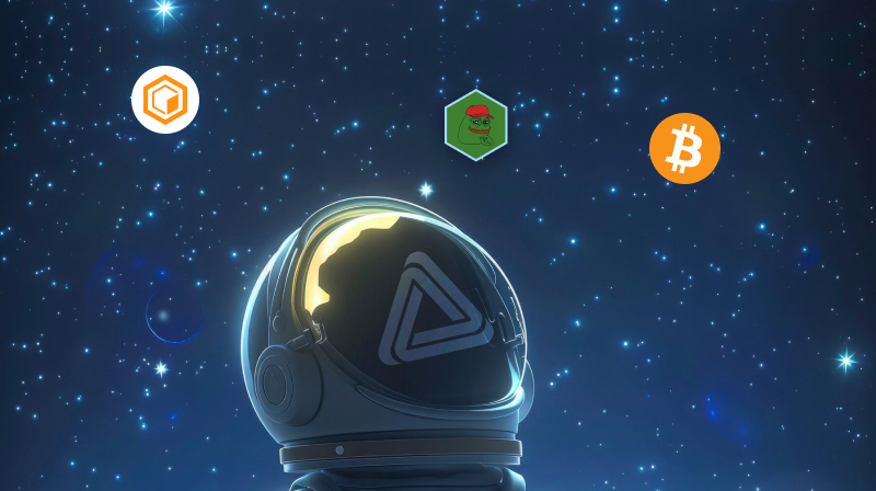 Astronaut wearing an ETFSwap helmet looking up at crypto tokens floating in space.