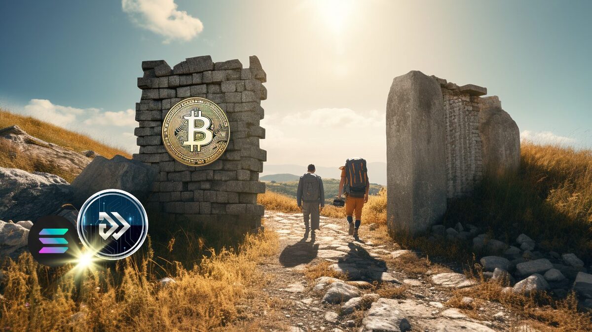 Travelers walking in the mountains surrounded by crypto tokens.