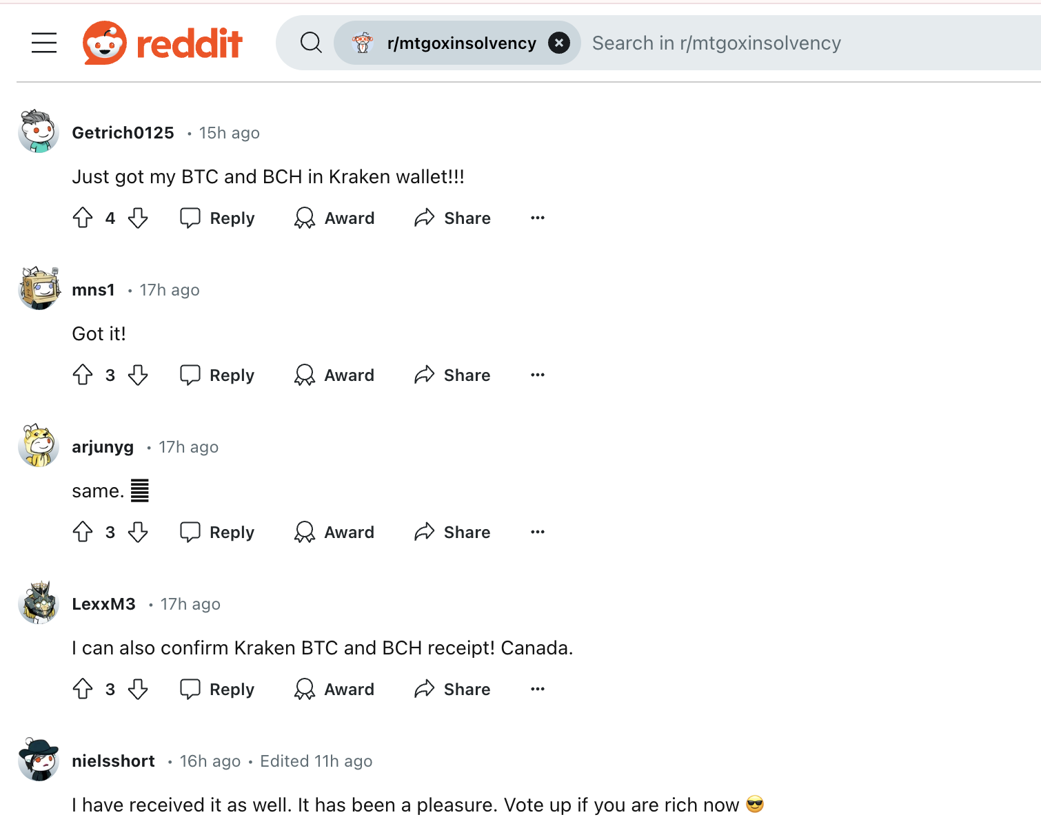 Reddit comments acknowledging the receipt of Mt. Gox Bitcoin payouts.