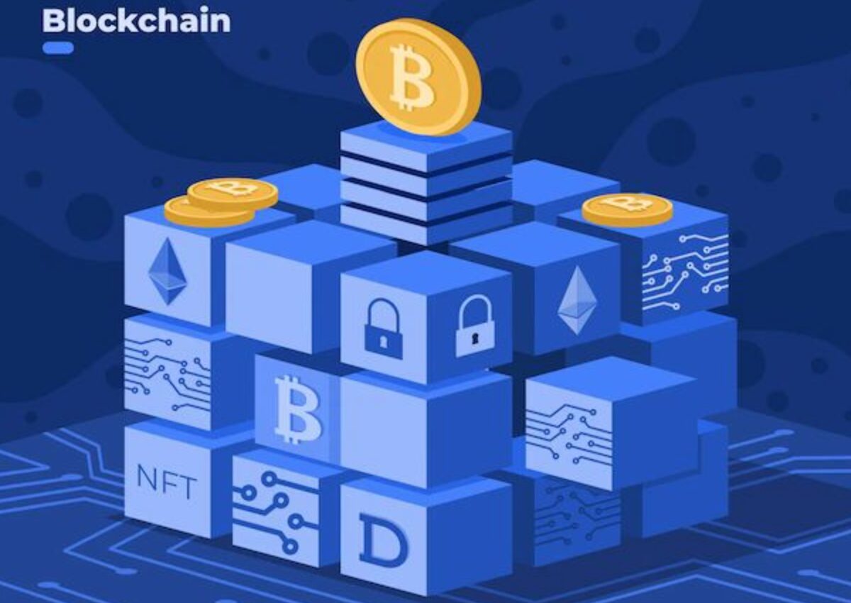 A pile of blue blocks of transactions all stacked on top of one another with a golden Bitcoin at the very top.