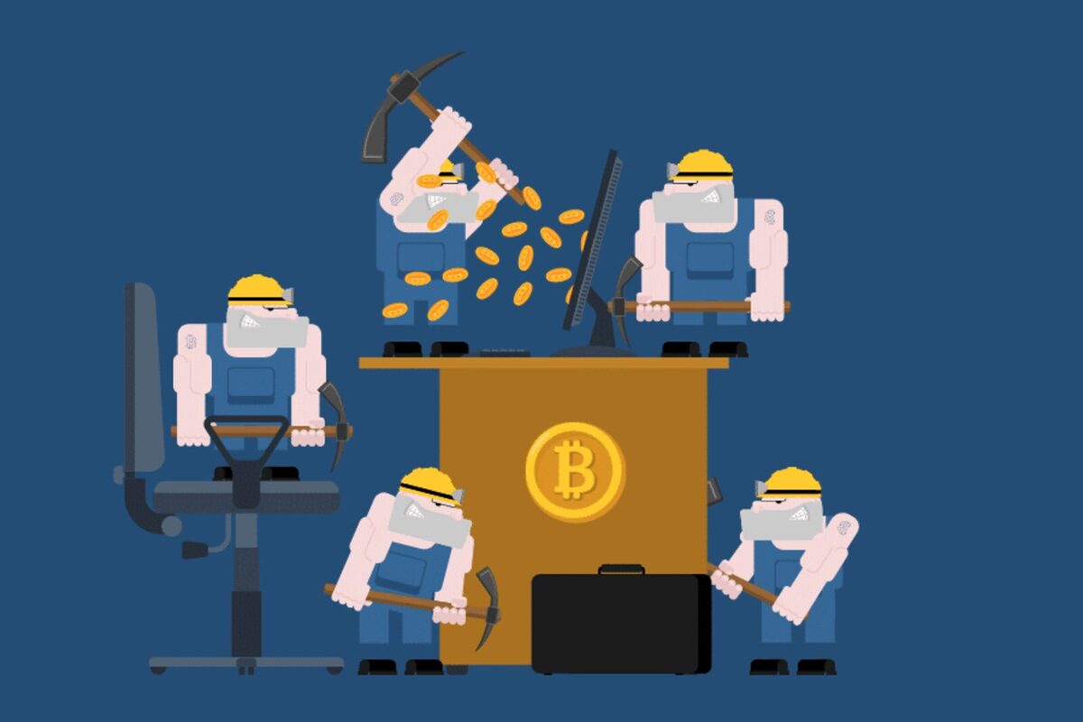 Group of small and angry miners gathering around a desktop screen. One of the miners is hitting the screen which causes a flood of tokens to jump out.