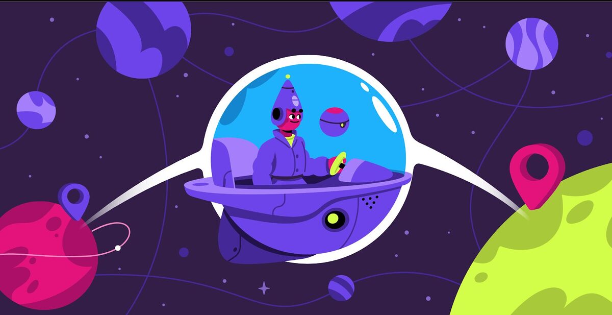A man in a spaceship moving from one planet (blockchain) to another. There are waypoints on each plant showing his movements from one to the other.