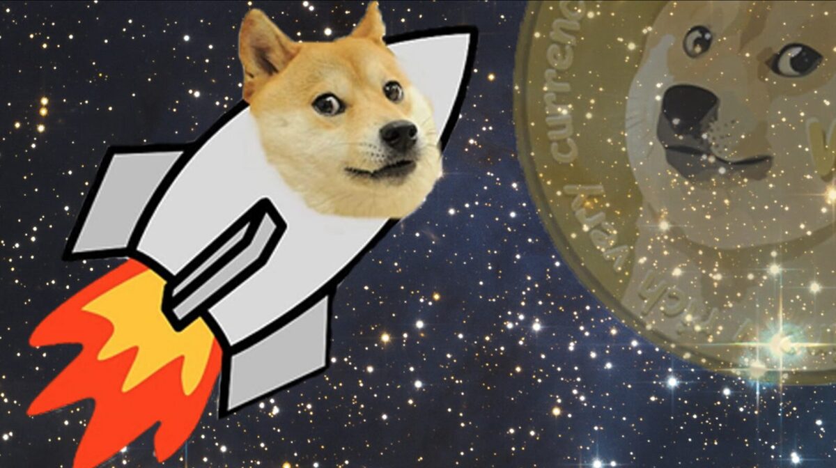 Picture of Doge face on a rocket heading to a moon-shaped image of a larger Doge face in space.