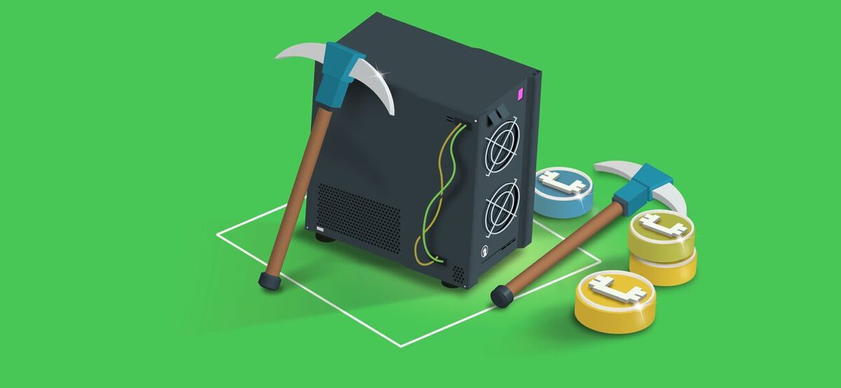 Two pickaxes resting next to a computer GPU in front of a green background. Small crypto tokens can be seen lying around near the pickaxes.