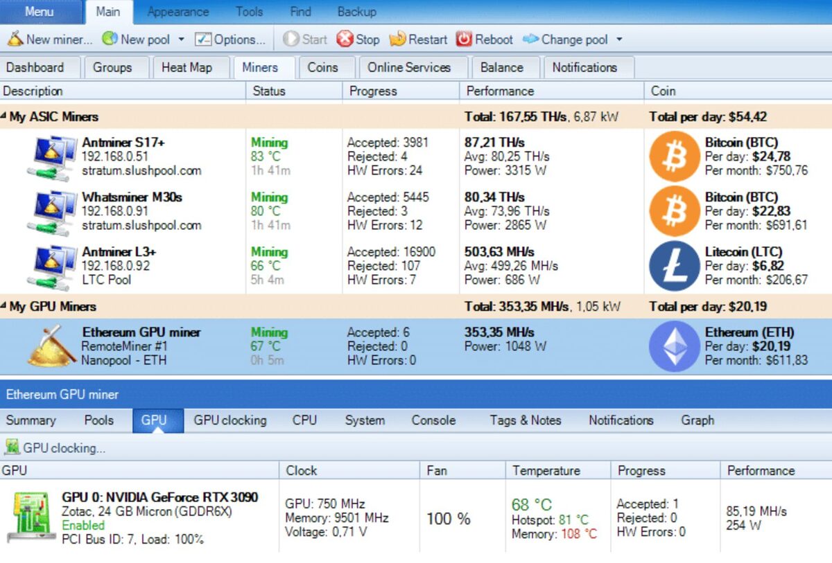Example of software being used for mining. On the screen are several ongoing Bitcoin, Litecoin and Ethereum mining operation. At the bottom there is a GPU clock monitoring the temperature and performance of the GPU.
