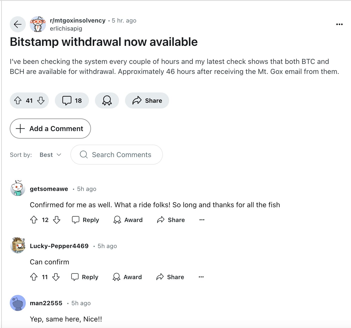 Image of the Mt. Gox insolvency Reddit group celebrating as creditors receive Bitcoin and Bitcoin Cash settlements.