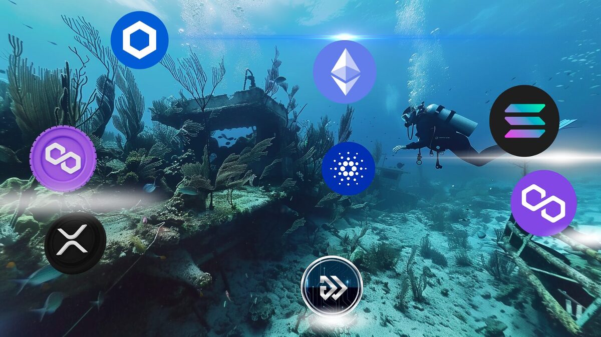 A diver swimming underwater around crypto tokens.