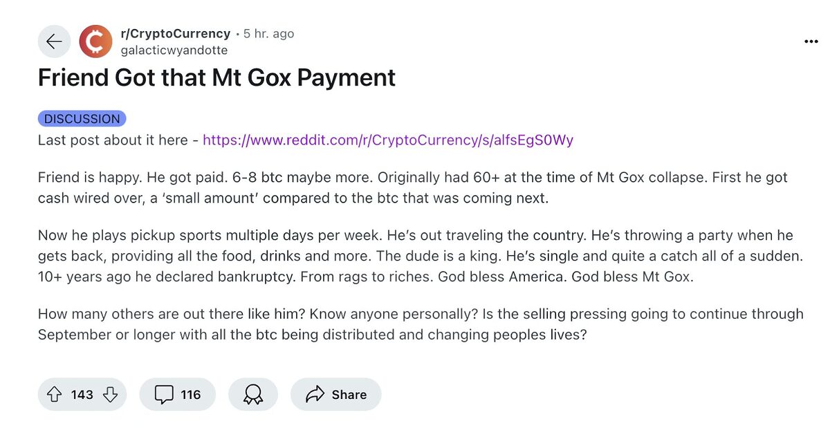 Reddit screenshot about creditor who received 6-8 BTC in payments from Mt. Gox.