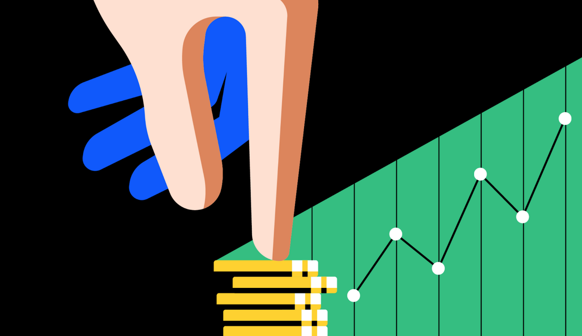 Pointed finger holding down a stack of tokens while a price meter gradually rises in the background.