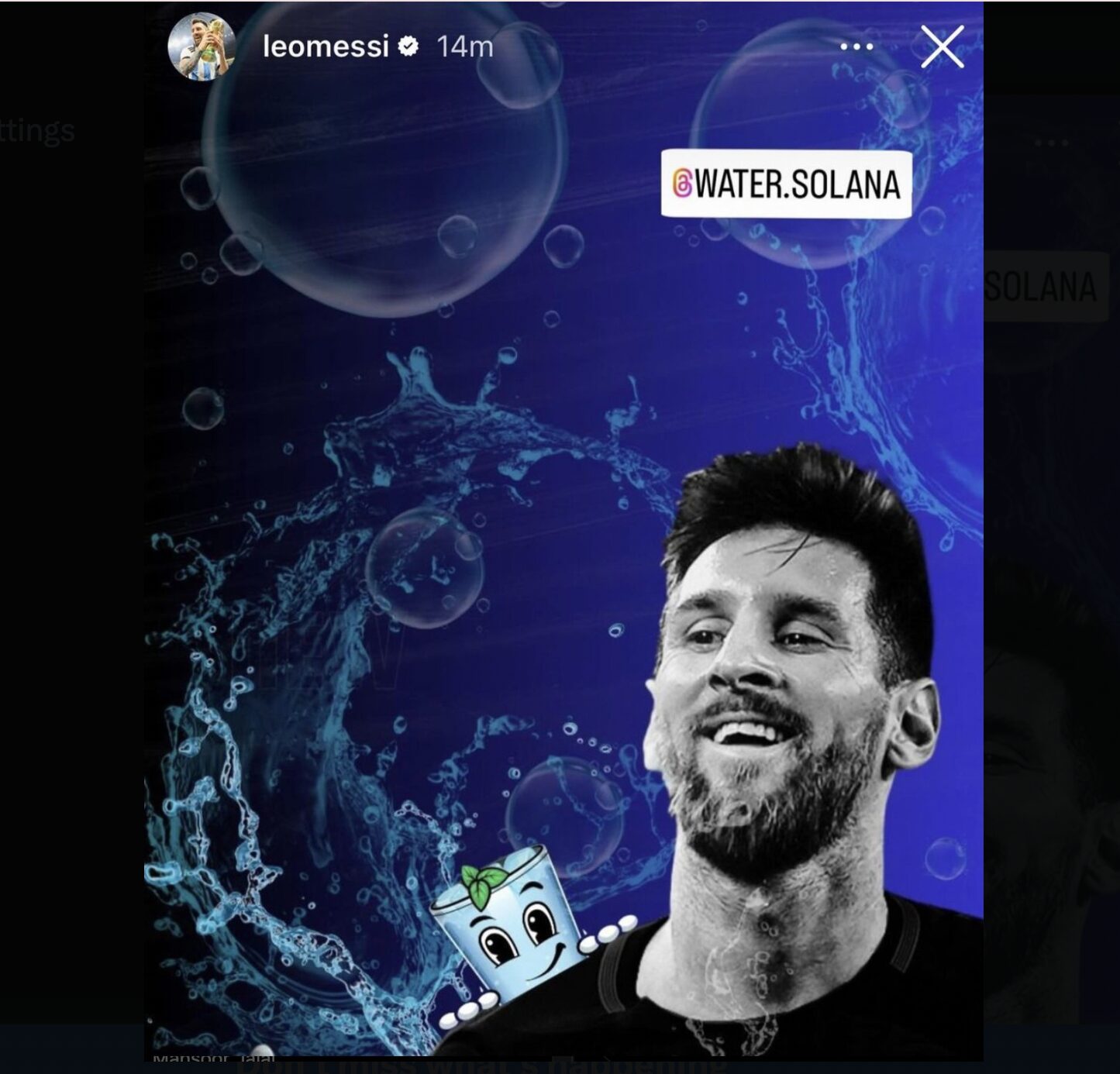 Lionel Messi's post promoting the Solana-based WATER memecoin.