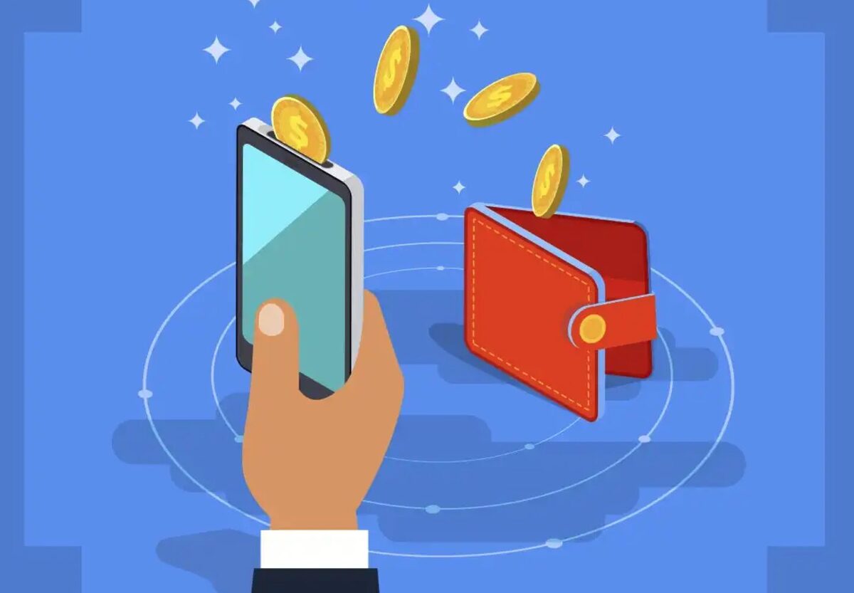 Hand holding a phone where tokens are flying out and entering a crypto wallet on the other side of the screen.