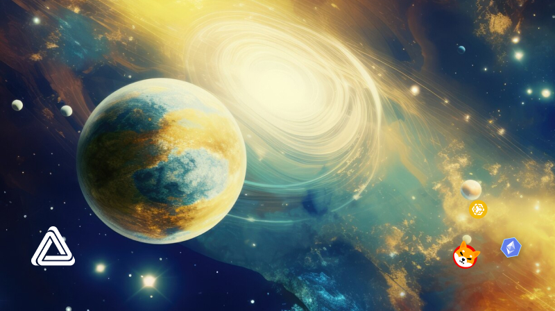 Crypto tokens flying around planets in outer space.