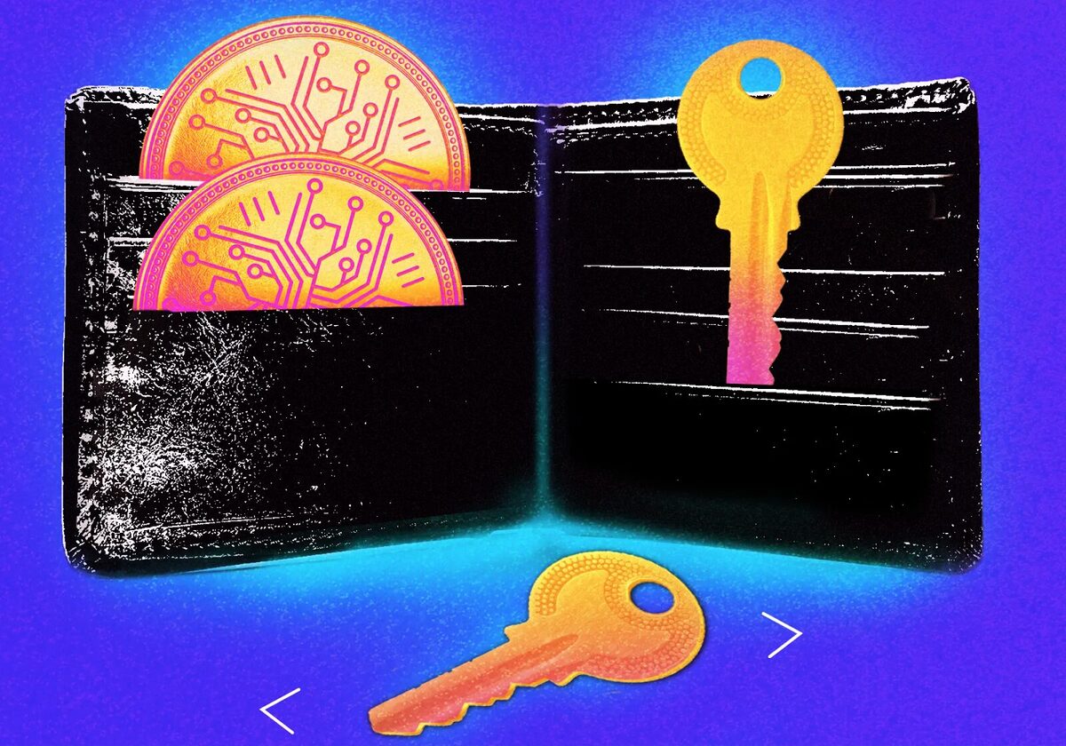 A black wallet containing two crypto tokens and two keys. One key is sitting in the wallet, the other is lying on the floor.