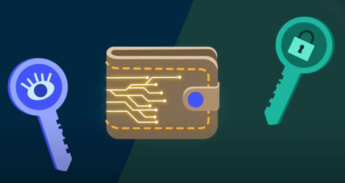 A wallet in the middle of the screen with two keys, the public and private keys, floating on the left and right.