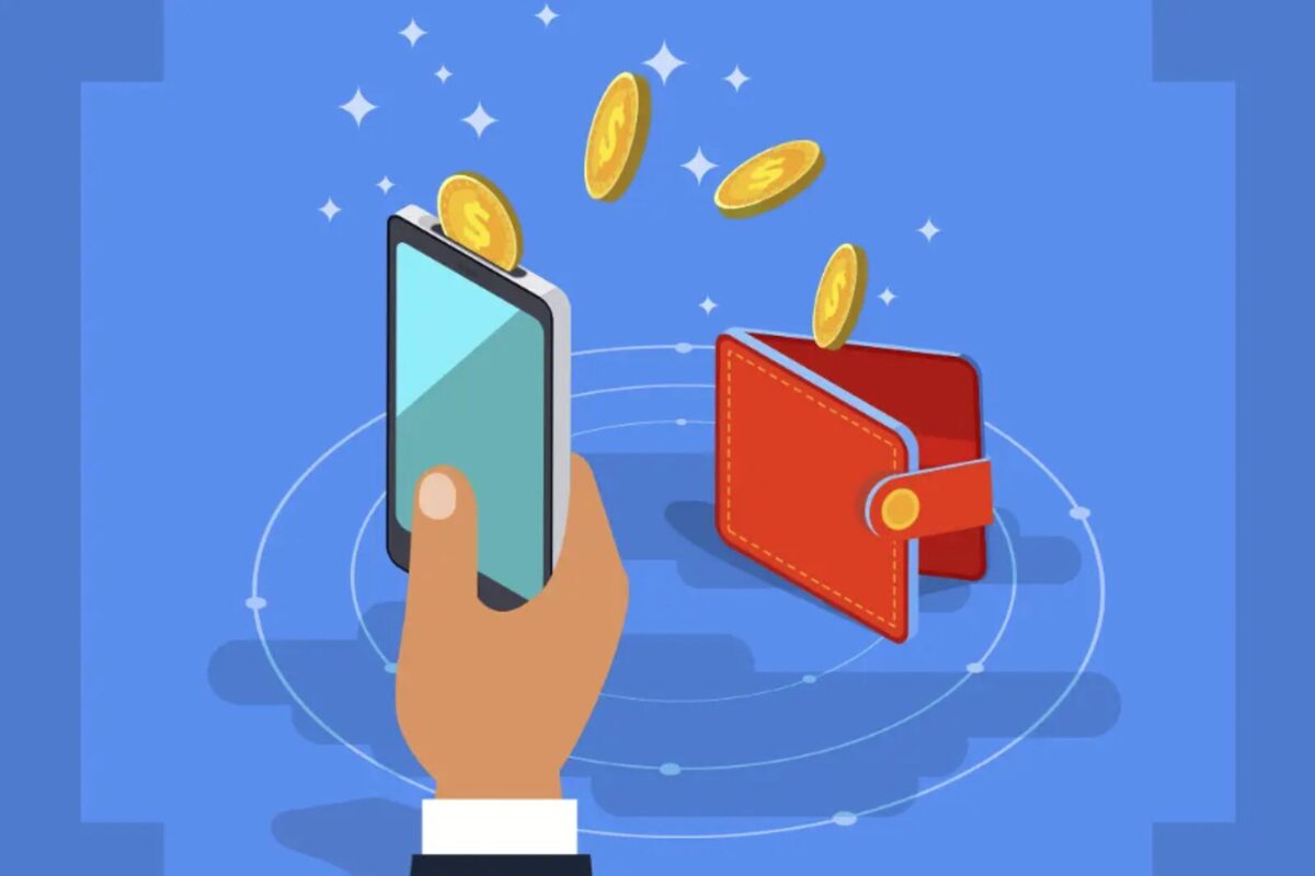 A hand holding a phone with tokens flying out and into a red open wallet.