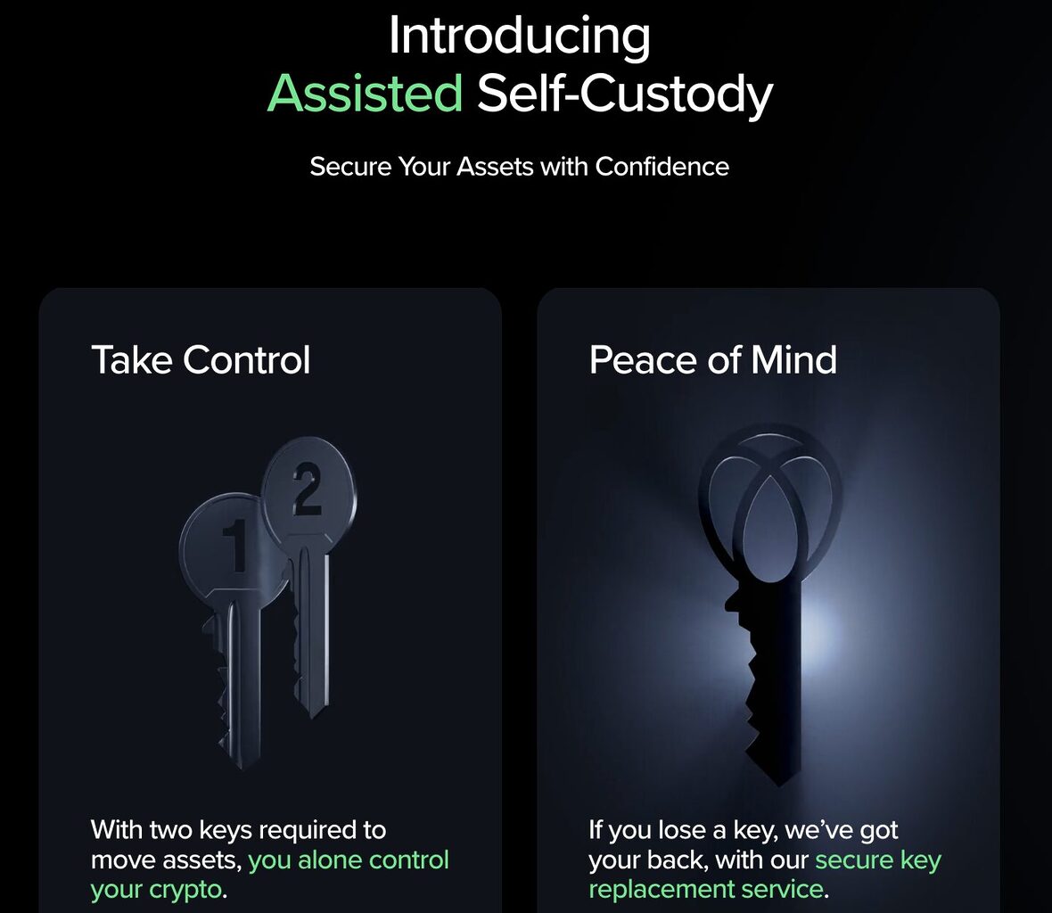 A picture of Uphold's Assisted Self-Custody wallet. On one side there's a picture of two keys which the user holds, and the other key which Uphold owns.
