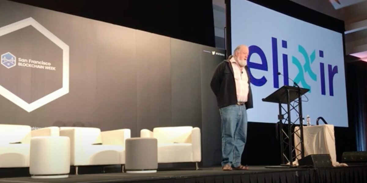 David Chaum speaking at a conference about his Elixxir project.
