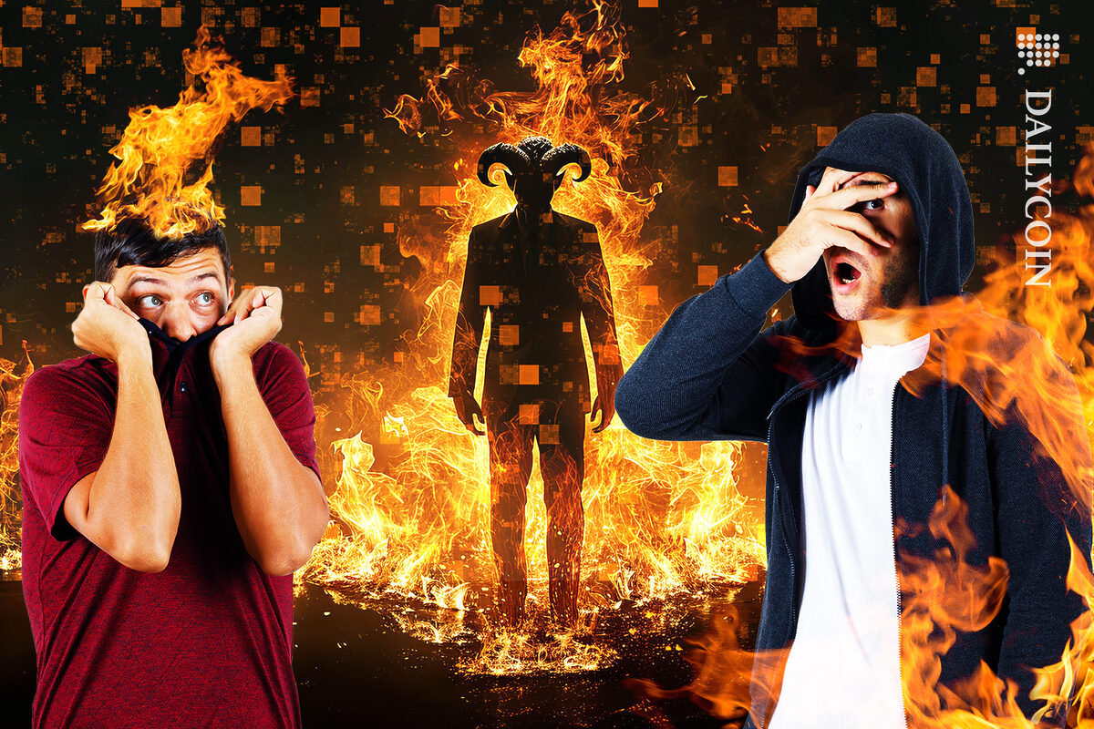 Devil coming out the inferno flames with a glitch, people are getting burned.