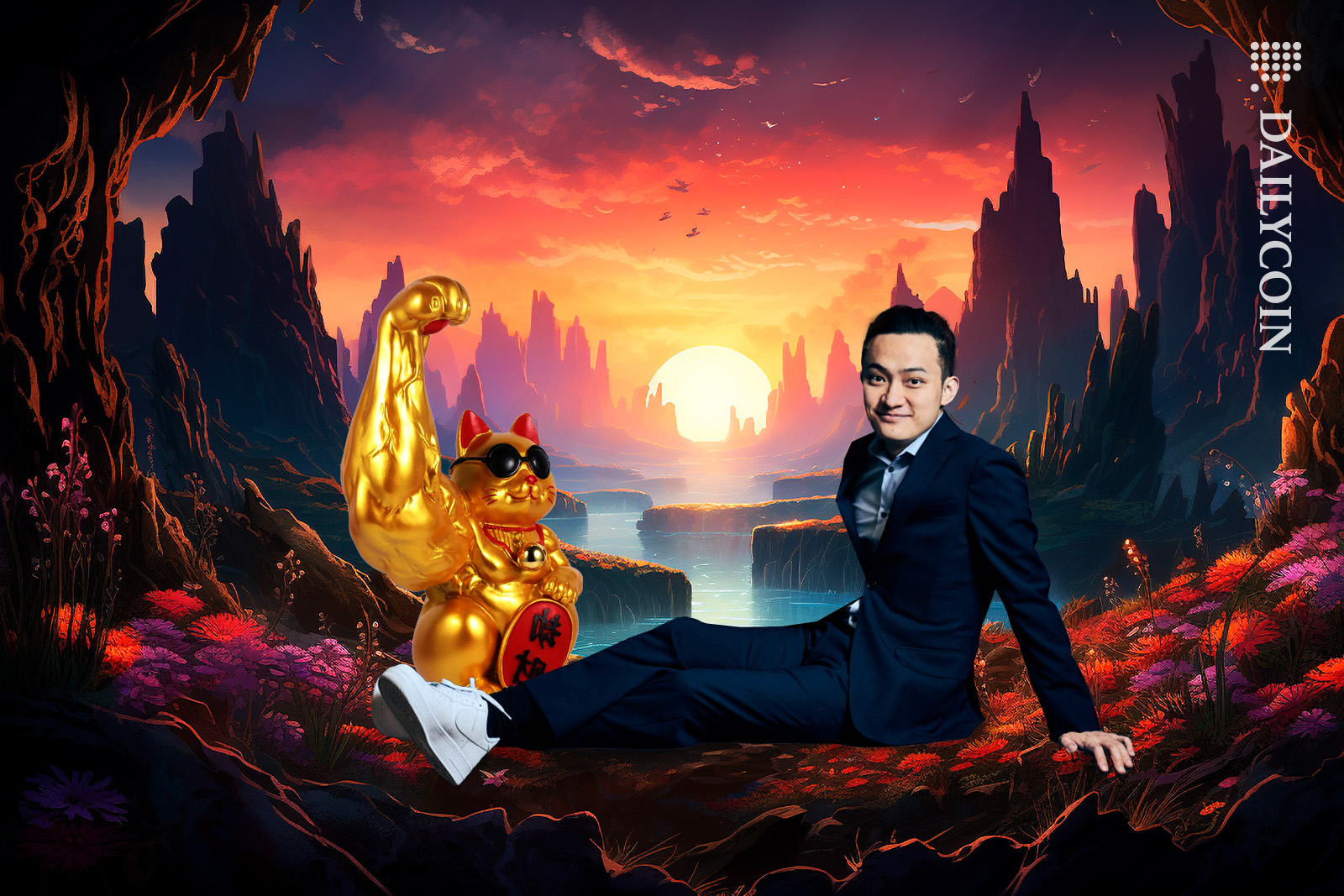 Justin Sun watching the sunset with his cool lucky cat.