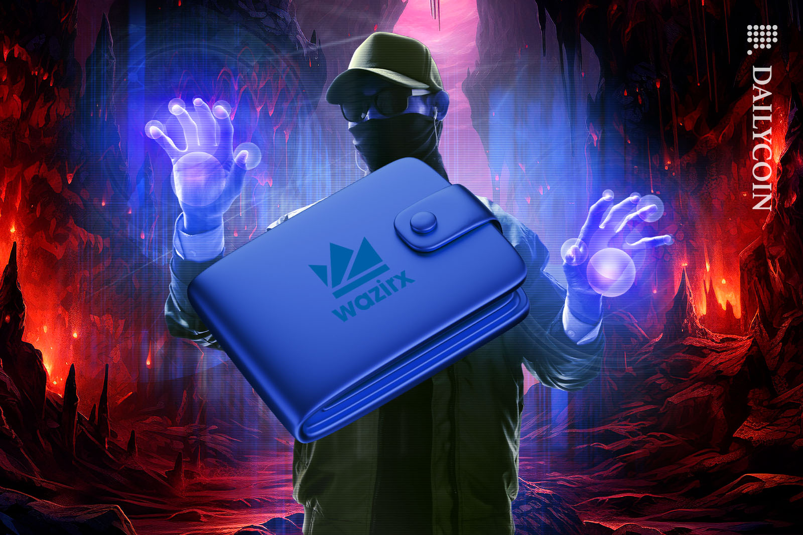 Hacker manipulating the Wazirx wallet in his dark lair.