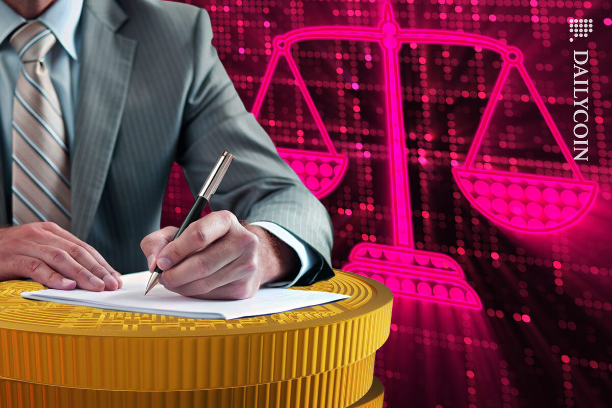 Man signing the papers for crypto laws.