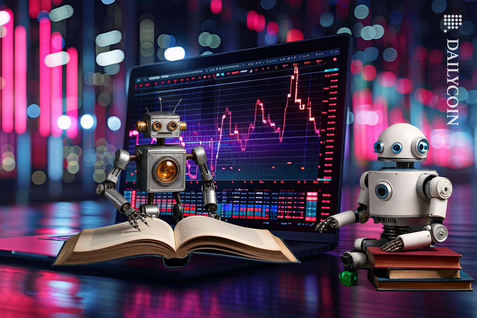 Two robot doing some crypto market research.