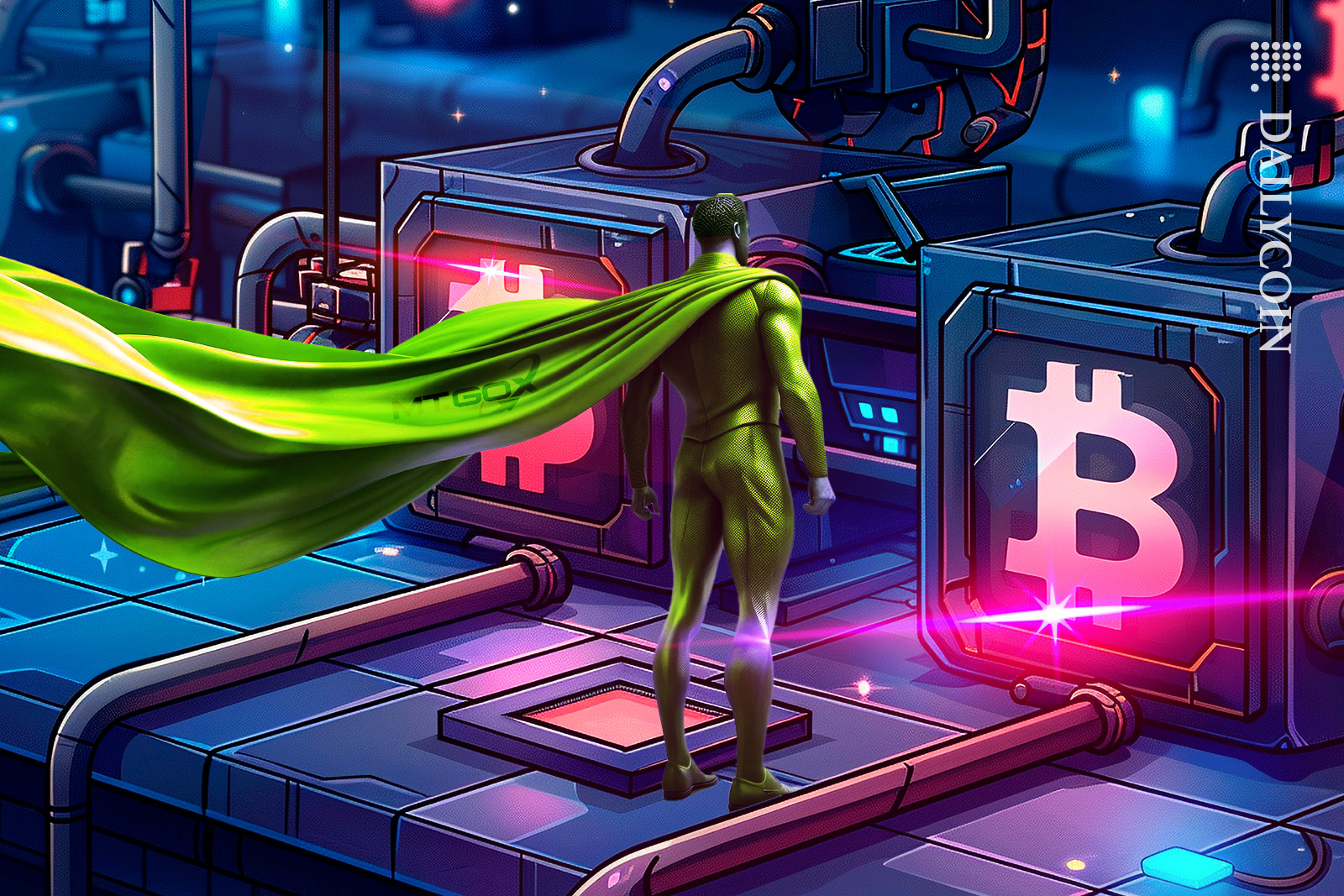 Mt.Gox superhero looking at his Bitcoin blockchain boxes.