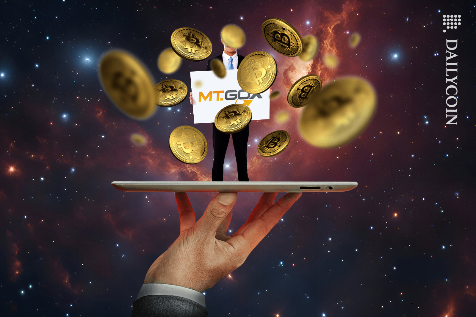 Hand holding a tablet, with a man with a sign MT. Gox and bitcoins flying around.