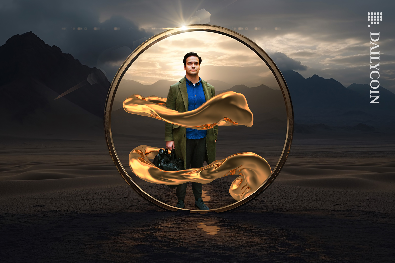 CEO of MT. Gox Mark Karpeles in a golden circle with a wave of gold surrounding him.