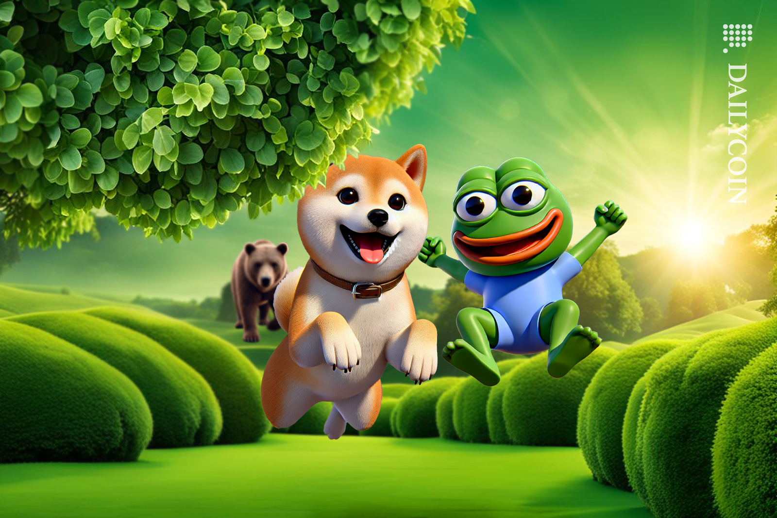 Shib and Pepe celebrating on a beautiful green sunny land, and a bear is slowly approaching from behind.