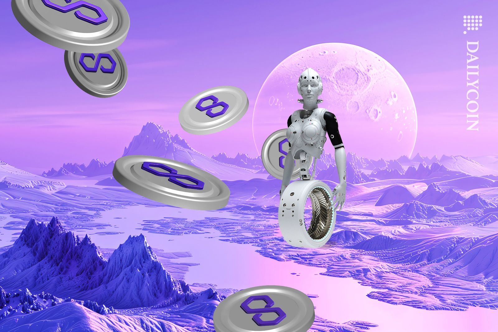 Robot on a river land with Polygon matic coins emerging.