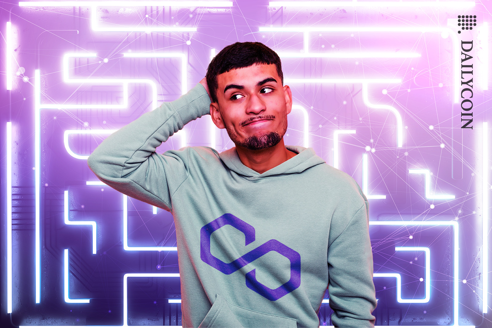 A guy wearing Polygon hoodie confused by the Polygon (MATIC) maze.