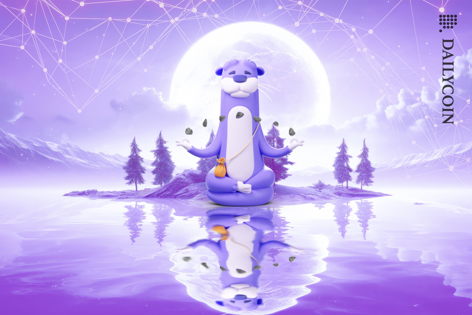 Radix mascot meditating on his land, with defi connection in the sky.