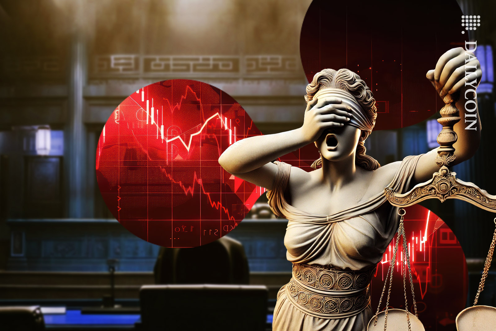 Lady justice is shocked of hearing about the XRP price at the SEC court hearing, and sees Ripple tumble down.