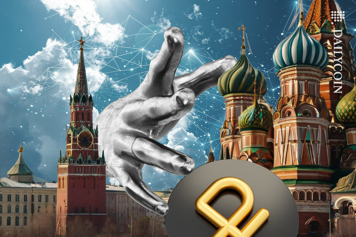 Silver hand from the Defi sky giving a digital Rubel to Kremlin.