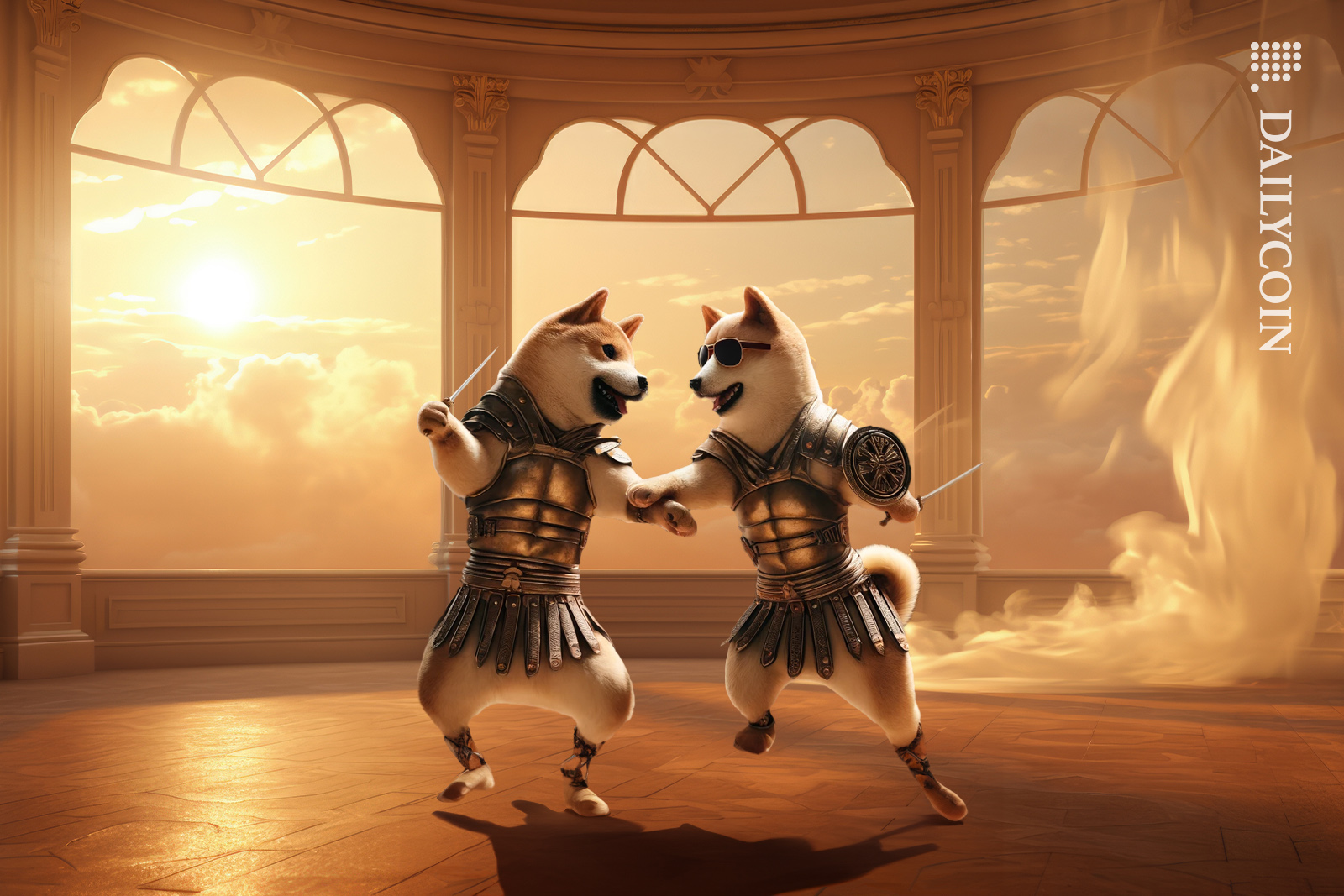 Shiba inu and Doge fighting dressed like gladiators.