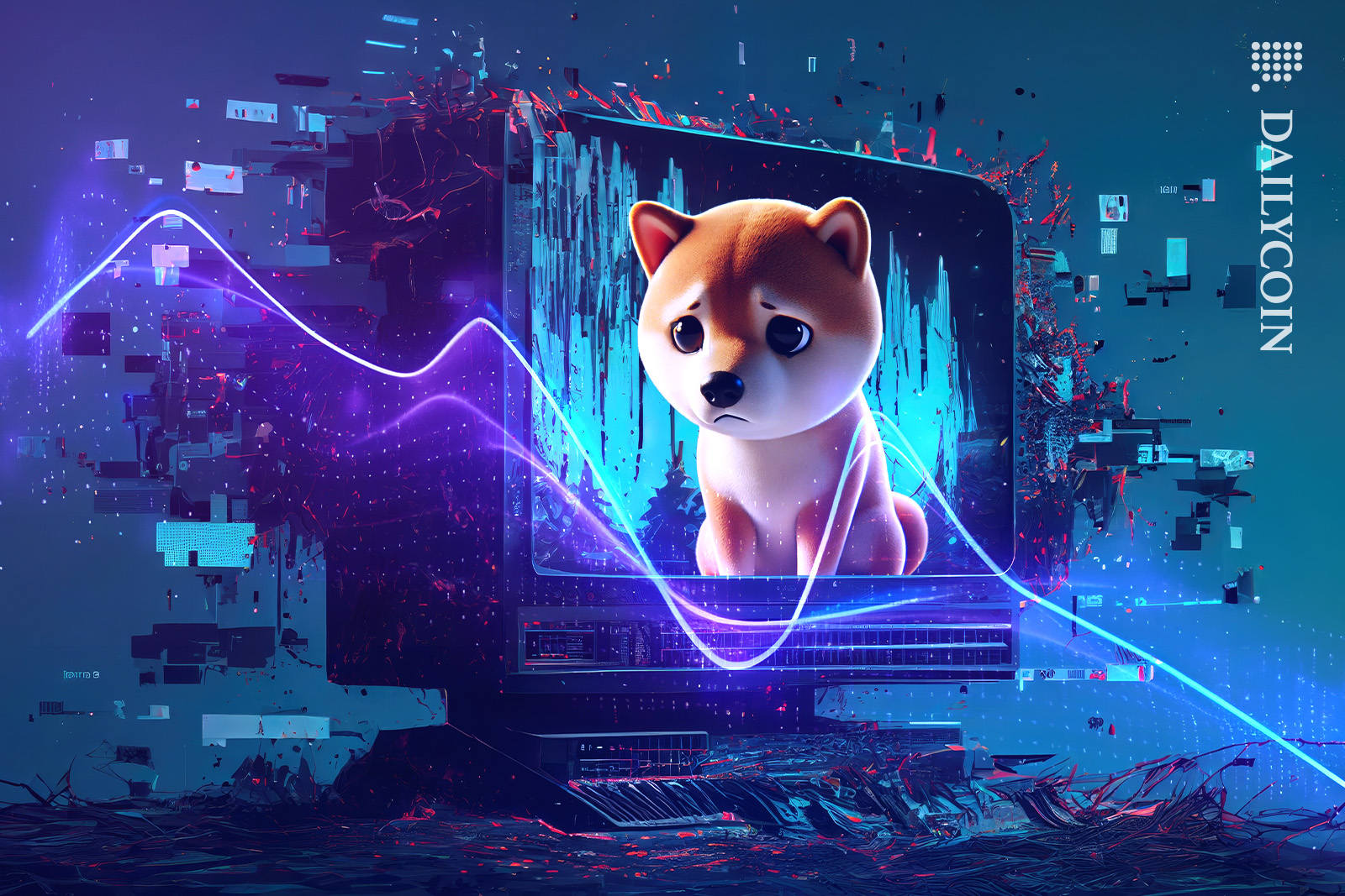 Sad Shiba Inu looking out of broken TV.